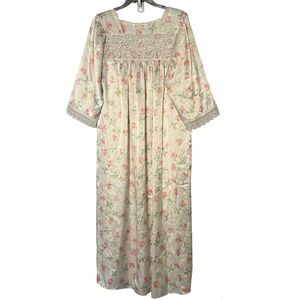 Christian Dior Vintage Floral Satin Nightgown Lace Trim Pink Rose Maxi White